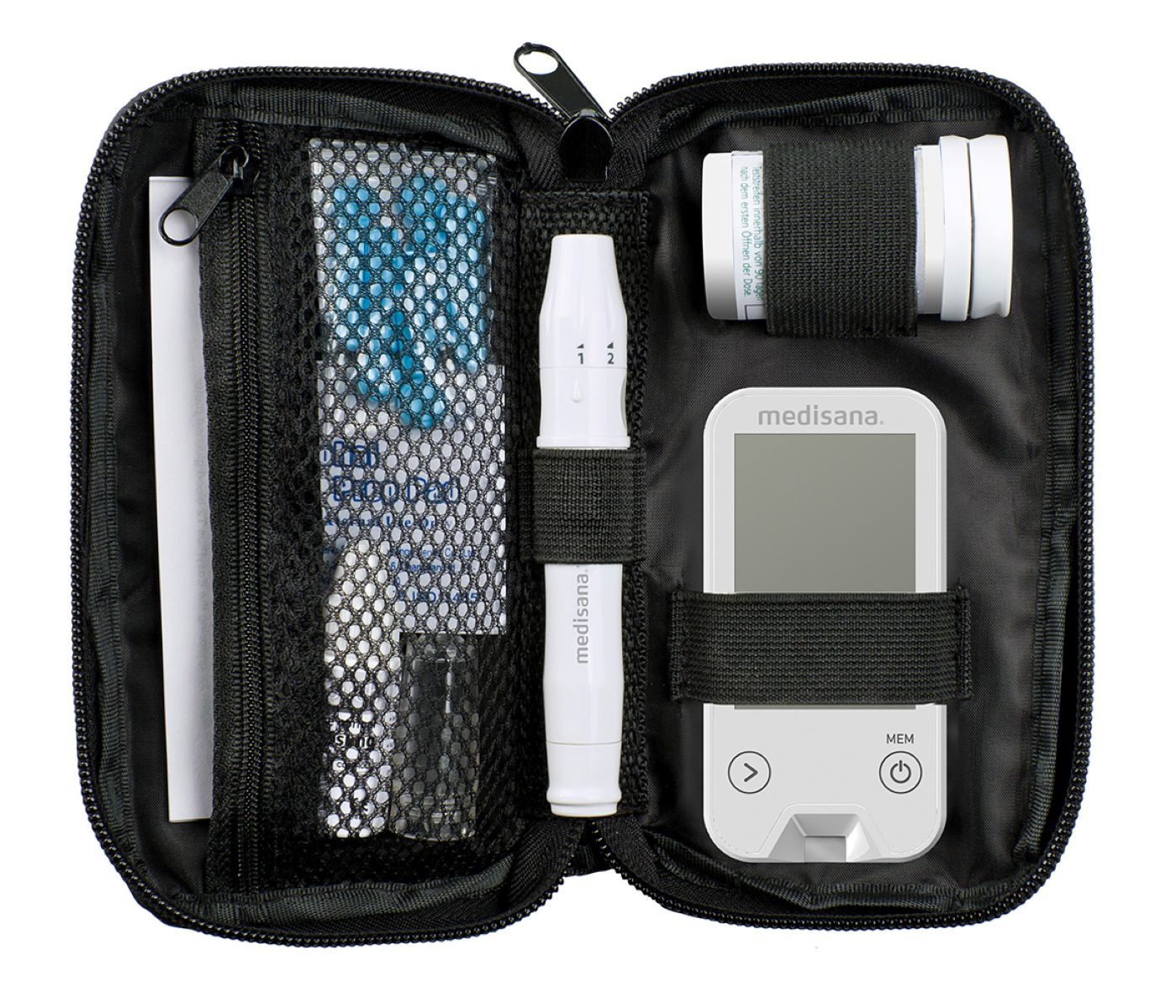 Carrying case containing a medisana blood glucose meter, lancing device, test strips, and accessories.
